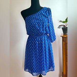 Francesca’s One Shoulder 3/4 Sleeve Blue Geometric Foil Mini Dress